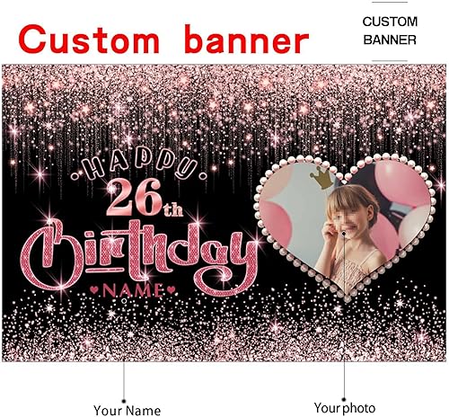 Vista 24 de Cartel personalizable de decoración de feliz cumpleaños número 49 de oro rosa – Personalización de gran tamaño fondo de fotos – Admite fotos