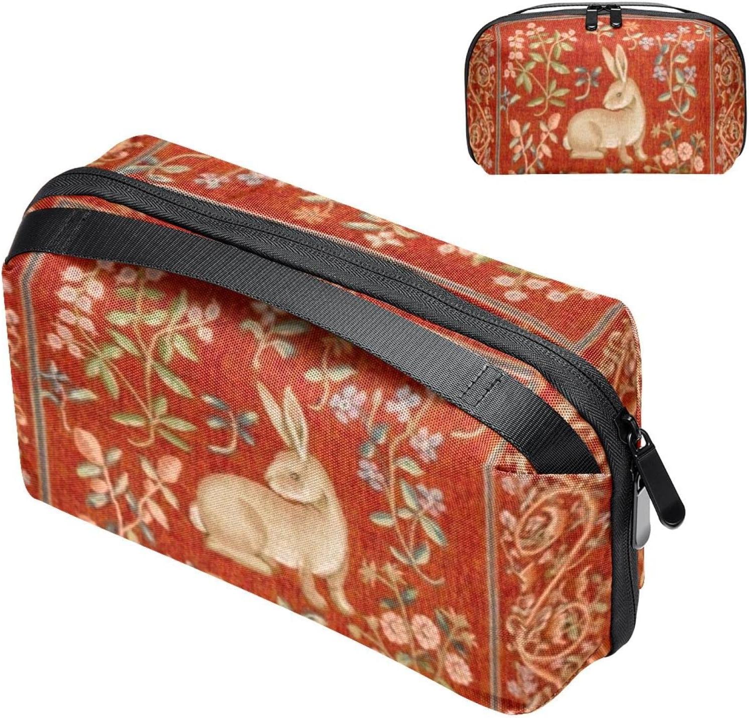 Travel Cord Organizer, Tech Organizer, Electronics Organizer, Cable Organizer Bag, Vintage Art Pastorable Red Flowers Rabbit
