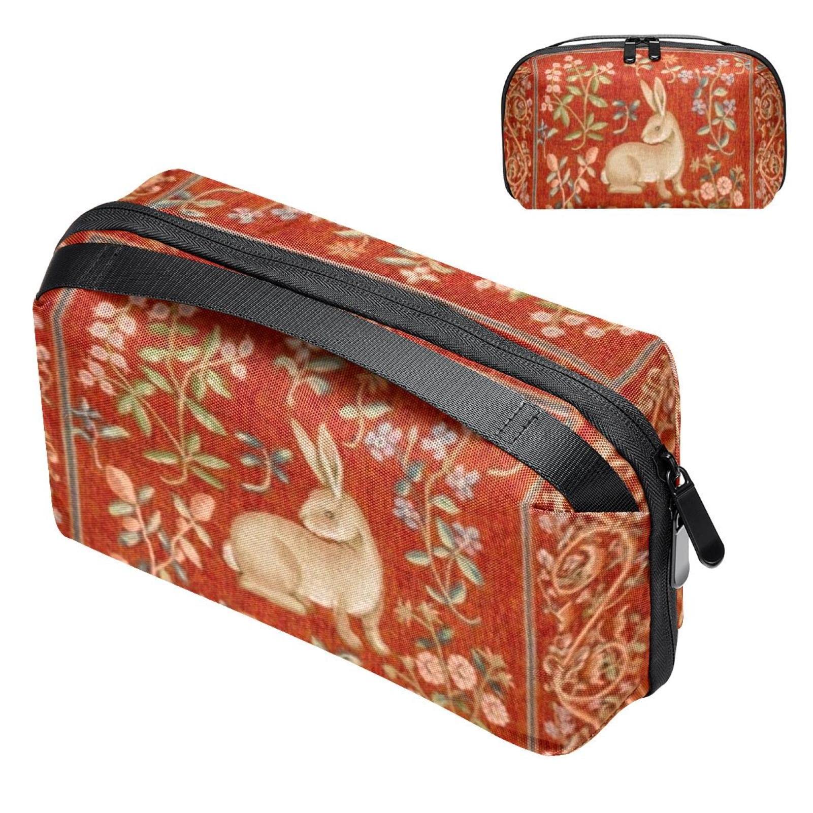 Travel Cord Organizer, Tech Organizer, Electronics Organizer, Cable Organizer Bag, Vintage Art Pastorable Red Flowers Rabbit