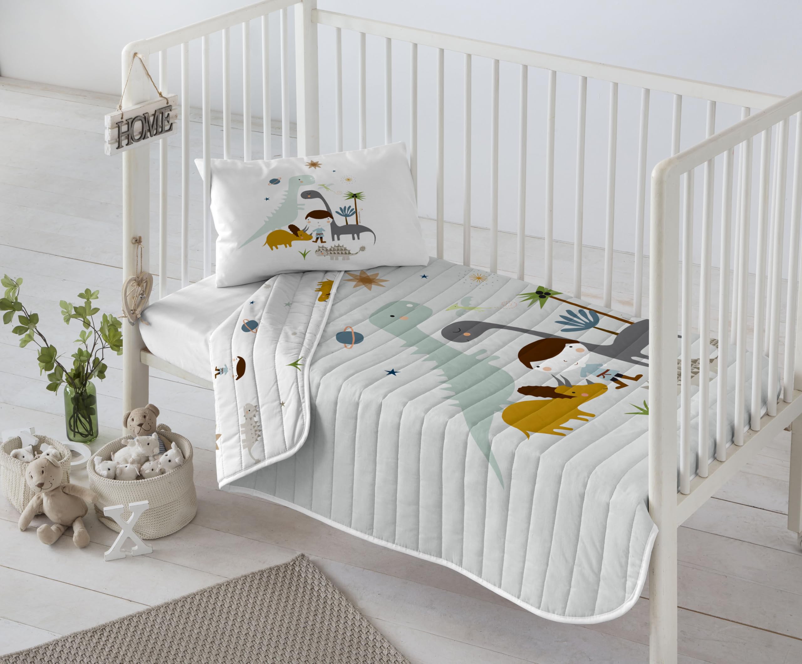 Colcha bouti reversible cuna maxicuna Dinos acolchado ligero infantil