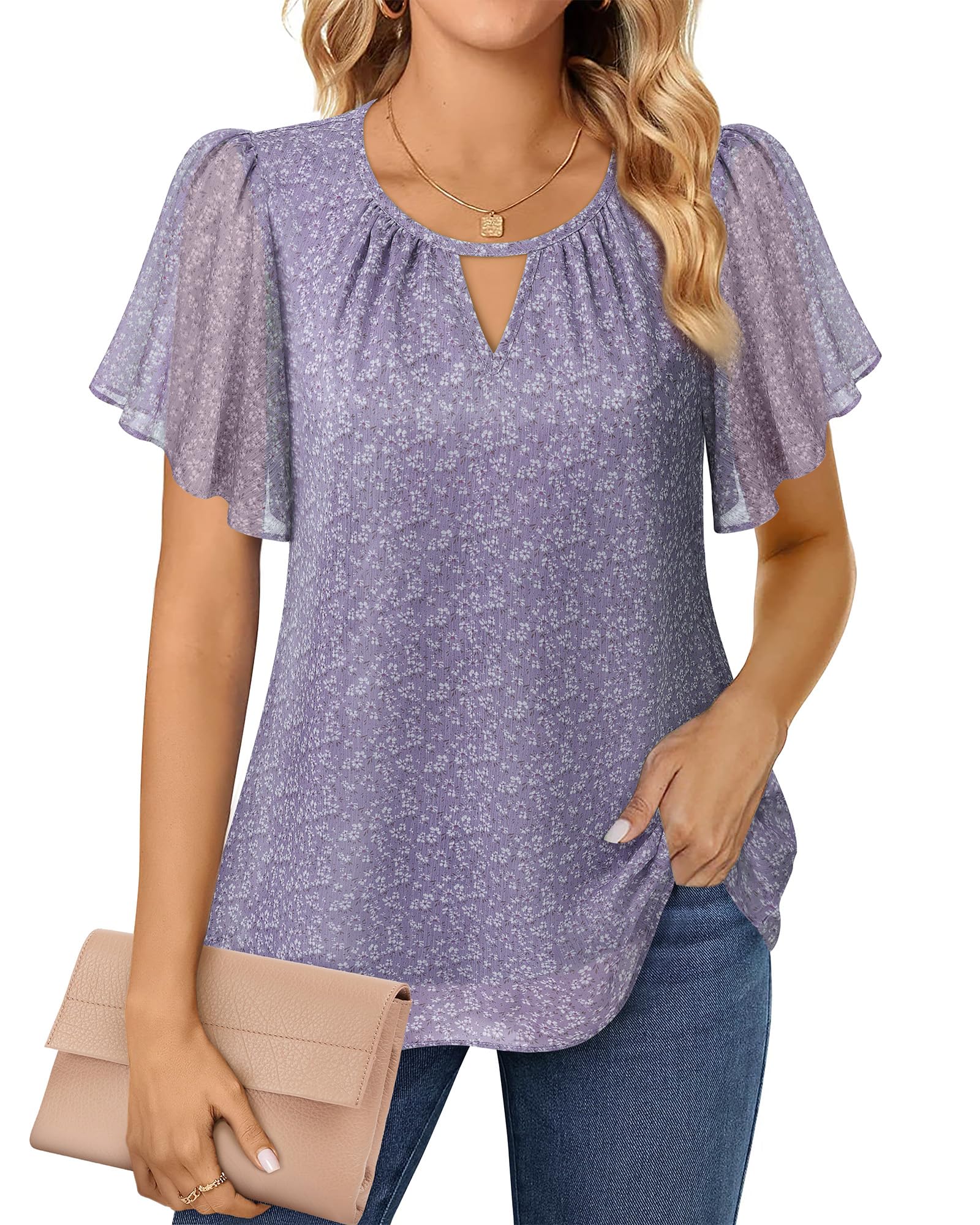 Gaharu Blusa elegante de manga corta para mujer, estilo túnica de verano, informal, cuello redondo, manga con volantes, de gasa, floral, blusa