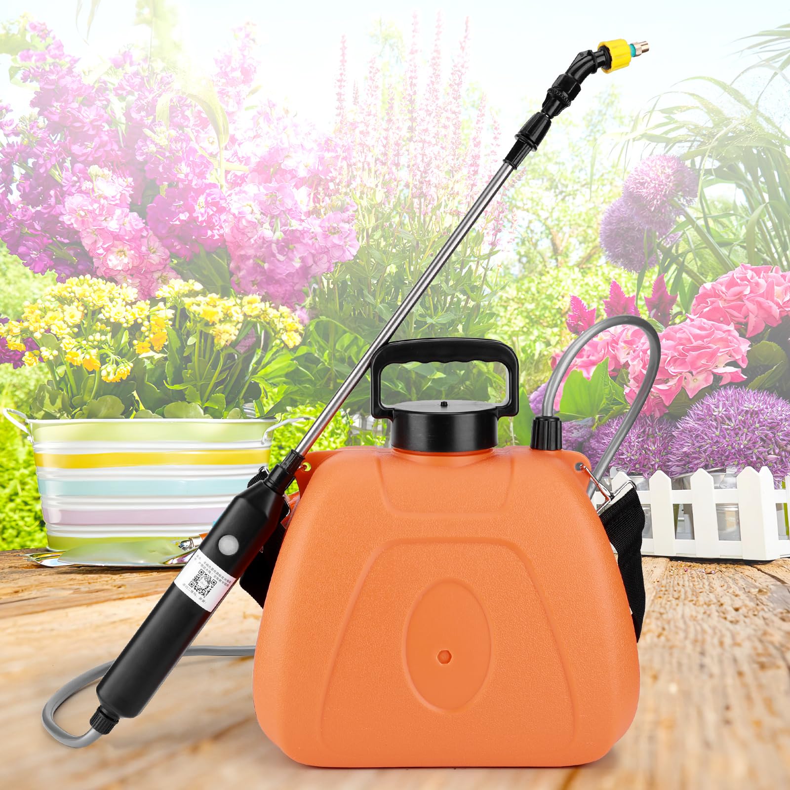 Spruzzatore a batteria da 8 l, con 3 ugelli nebulizzatori e tracolla regolabile | Spruzzatore elettrico ad alte prestazioni, con manico ricaricabile, per prato, giardino (arancione)