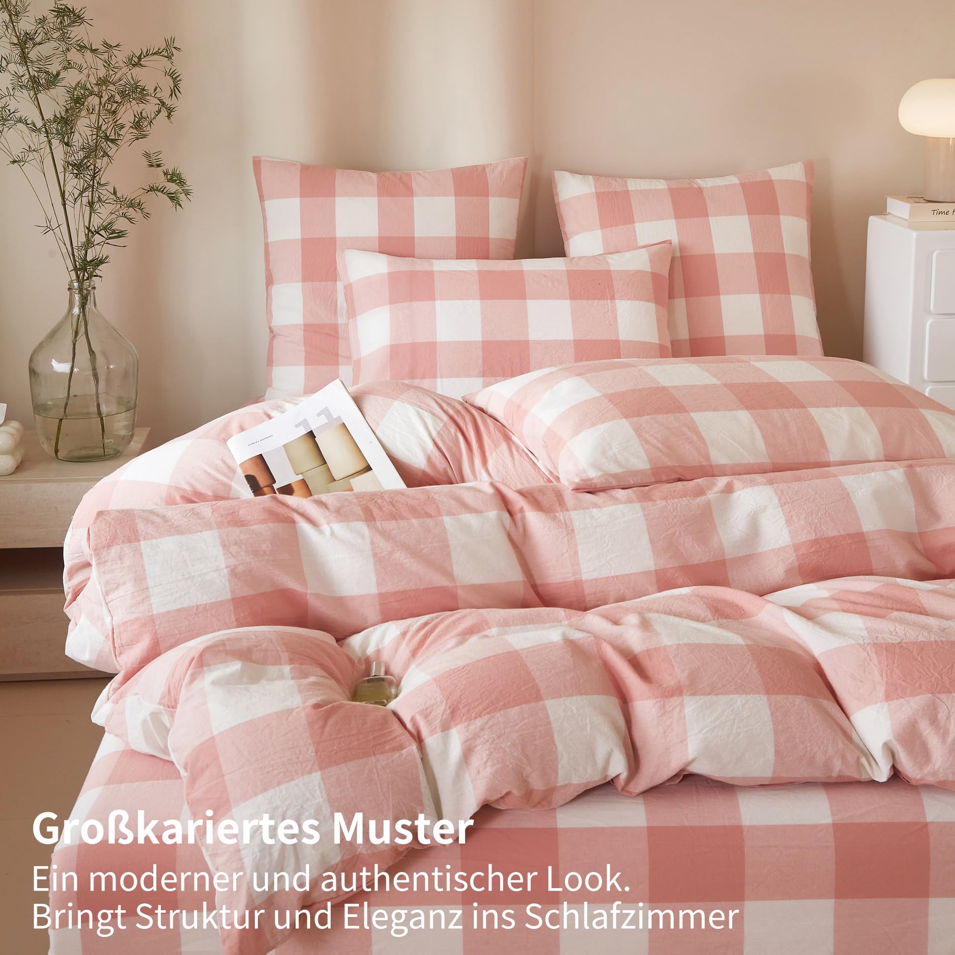 Juego de ropa de cama de 135 x 200 cm, 4 piezas, color rosa y blanco a cuadros, 100 % algodón lavado, suave, transpirable, acogedora, funda nórdica con cremallera y 2 fundas de almohada de 80