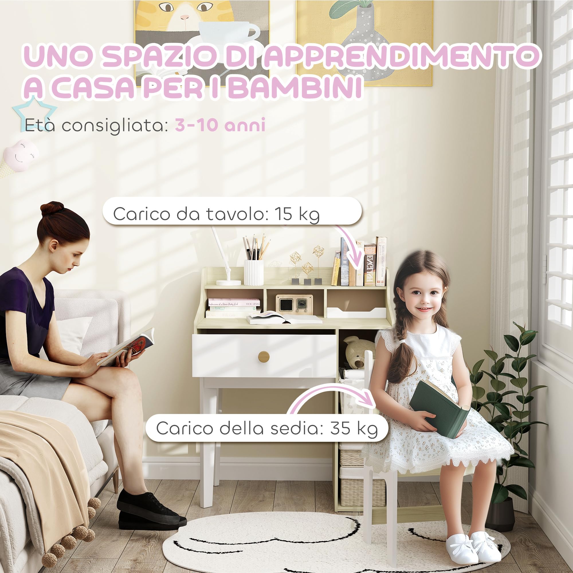 AIYAPLAY Set Scrivania per Bambini di 3-10 Anni e Sedia in MDF, Banco Scuola per Bambini con Ripiani Portaoggetti e Cassetto, Bianco e Legno