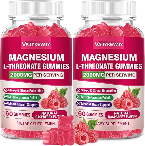 Paquete de 2 gomitas de magnesio L-treonato 2000 mg para el cerebro, los músculos y el sistema nervioso. Sabor de frambuesa sin azúcar, 120