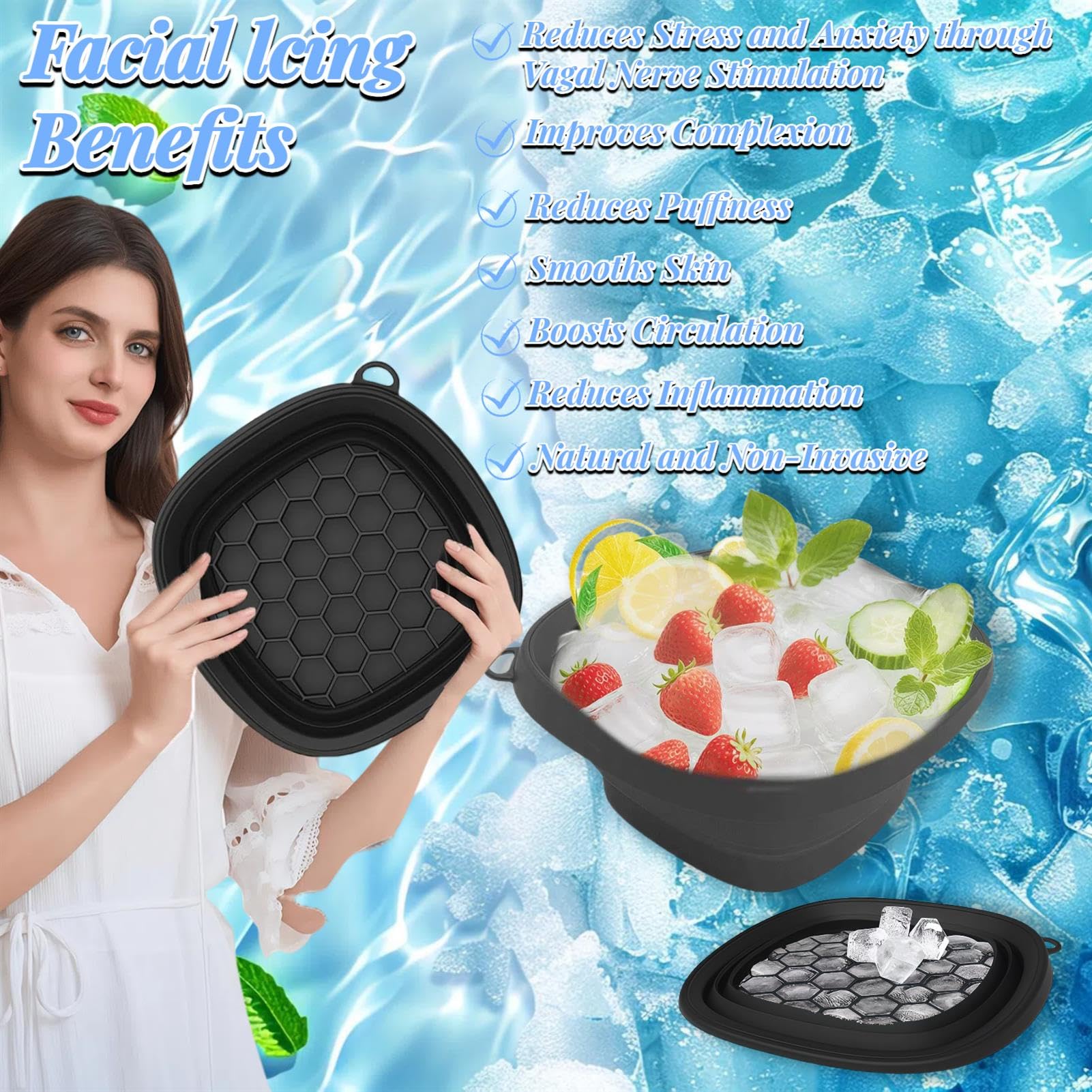 VBVARV Face Bowl for Ice Quick Cooling Foldable Silicone Wash Basin with Built-in Ice Tray - Image 2