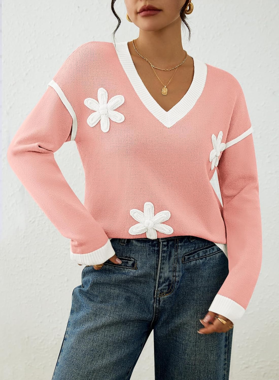 Viottiset Sweaters for Women Long Sleeve Oversized Pullovers Sweaters Soft Knit V Neck Tops Floral Clothes Fall Outfits - Image 6