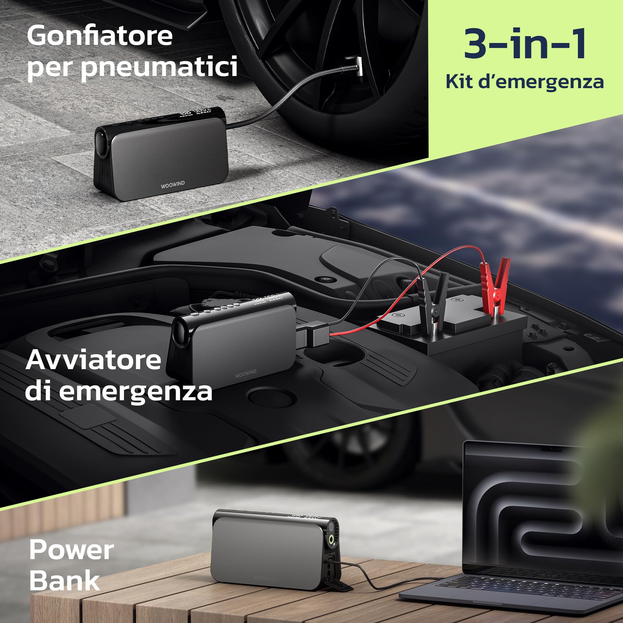 Woowind 3-in-1 Avviatore Batteria Auto con Compressore, 150 PSI/10,3BAR | Booster Avviamento Auto 12V e Power Bank 65W, Avviatore di Emergenza per Auto 6.0L / Diesel 3.0L, 16000 mAh con Torcia LED