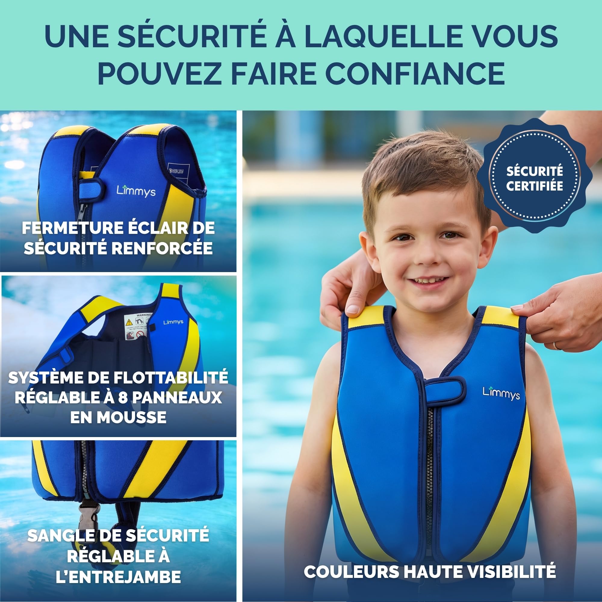 Limmys Gilet de Natation Enfants Aide Flottaison Réglable 8 Panneaux Néoprène Doux CE