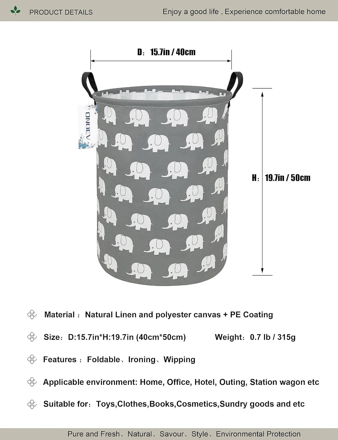 Round Elephant Laundry Hamper Waterproof Fabric Home Storage image 2