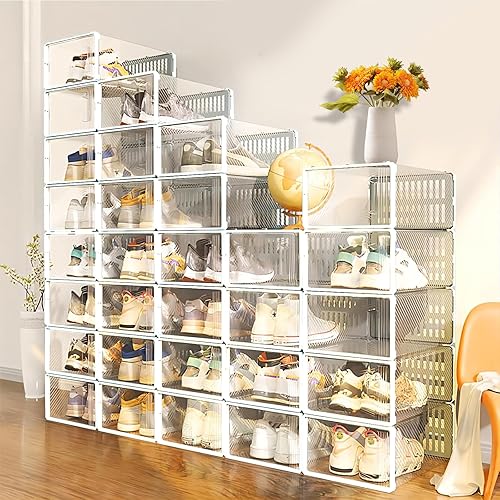 Miniatura 7 de AISNDYOG Caja de almacenamiento de zapatos, paquete de 15 unidades, organizador de zapatos apilable de plástico transparente grande blanco para