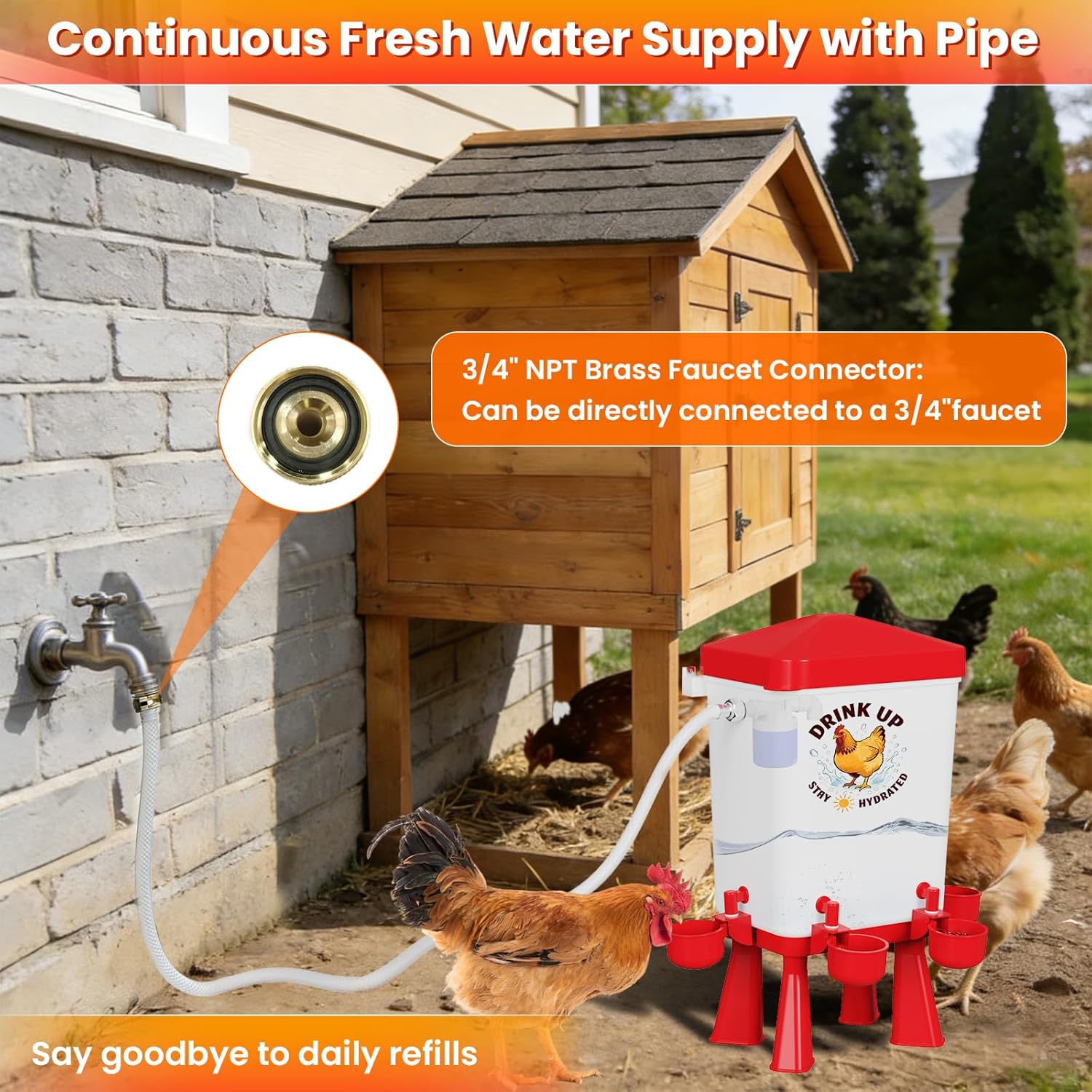 3 Gallon Chicken Feeder and Waterer Set, Large Chick Water with Automatic Float Valve, No Waste Poultry Feeding and Watering System, 4 Cups & 3 Ports, Chicken Coop Accessories for Pigeons/Quail (Red)