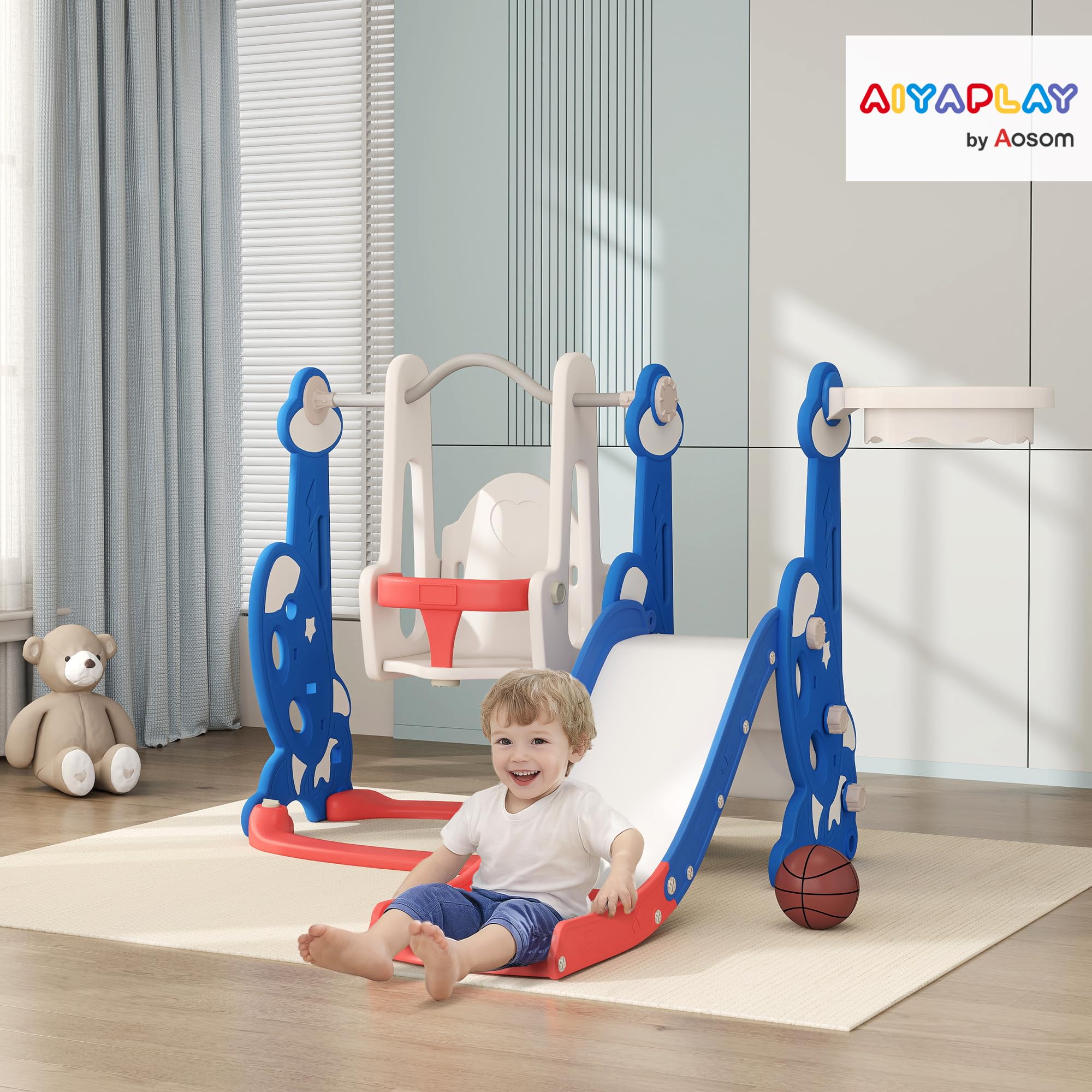 Qaba 4-in-1 Kletterrutsche mit Basketballkorb, 1,5-4 J., dunkelblau | Baby-Kinder Indoor-Rutsche-Schaukel-Set, Indoor-Spielplatz, für Jungen Mädchen Kleinkind, Raketen-Thema