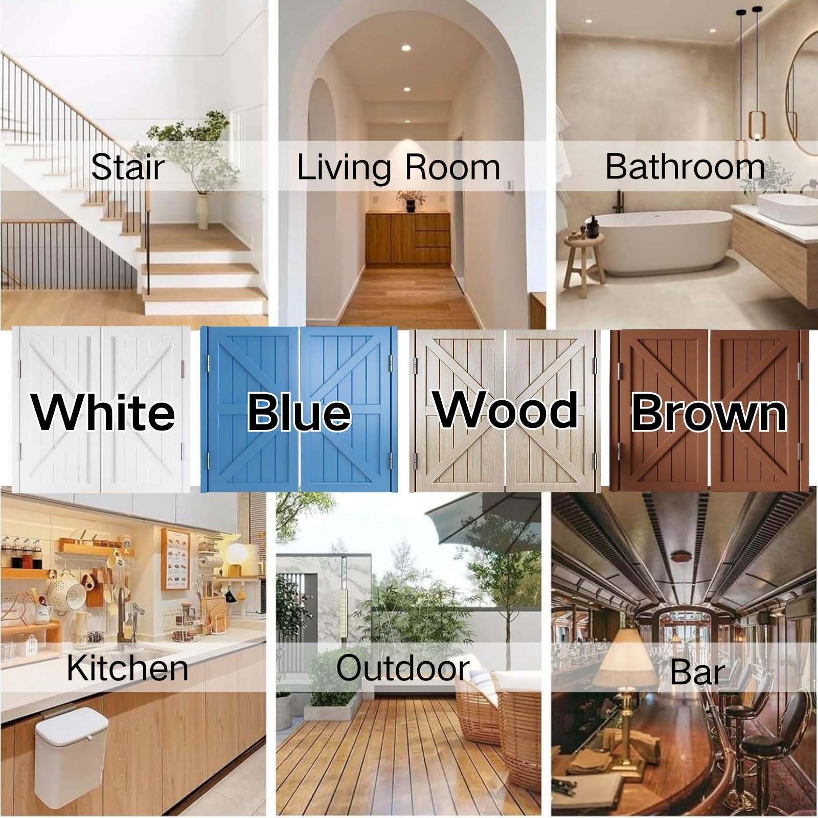 Porte Battante Double, Porte Saloon En Bois Avec Charnières, Porte Saloon De Séparation Portes De Grange Pour Escalier Salle De Bain Cuisine Chambre Balcon(Blanc,W:114 x H:90cm)