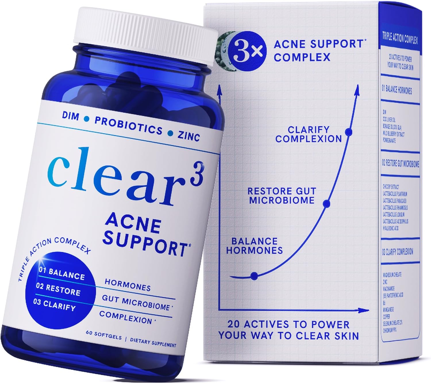 Clear Skin Acne Supplement with Zinc, DIM & Probiotics | 3-in-1 Balance, Clarify, Restore Support with Hyaluronic Acid & Skin Support Vitamins | for Women & Men | Oral Hormonal Acne Pills | 60 Ct Clear Skin Acne Supplement with Zinc, DIM & Probiotics | 3-in-1 Balance, Clarify, Restore Support with Hyaluronic Acid & Skin Support Vitamins | for Women & Men | Oral Hormonal Acne Pills | 60 Ct