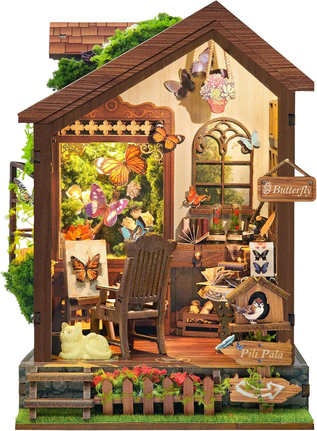大人用3Dパズル-バタフライハウス木製モデルキット-DIYドールハウスキットビルディングライト付きティーン&amp;大人-バタフライ