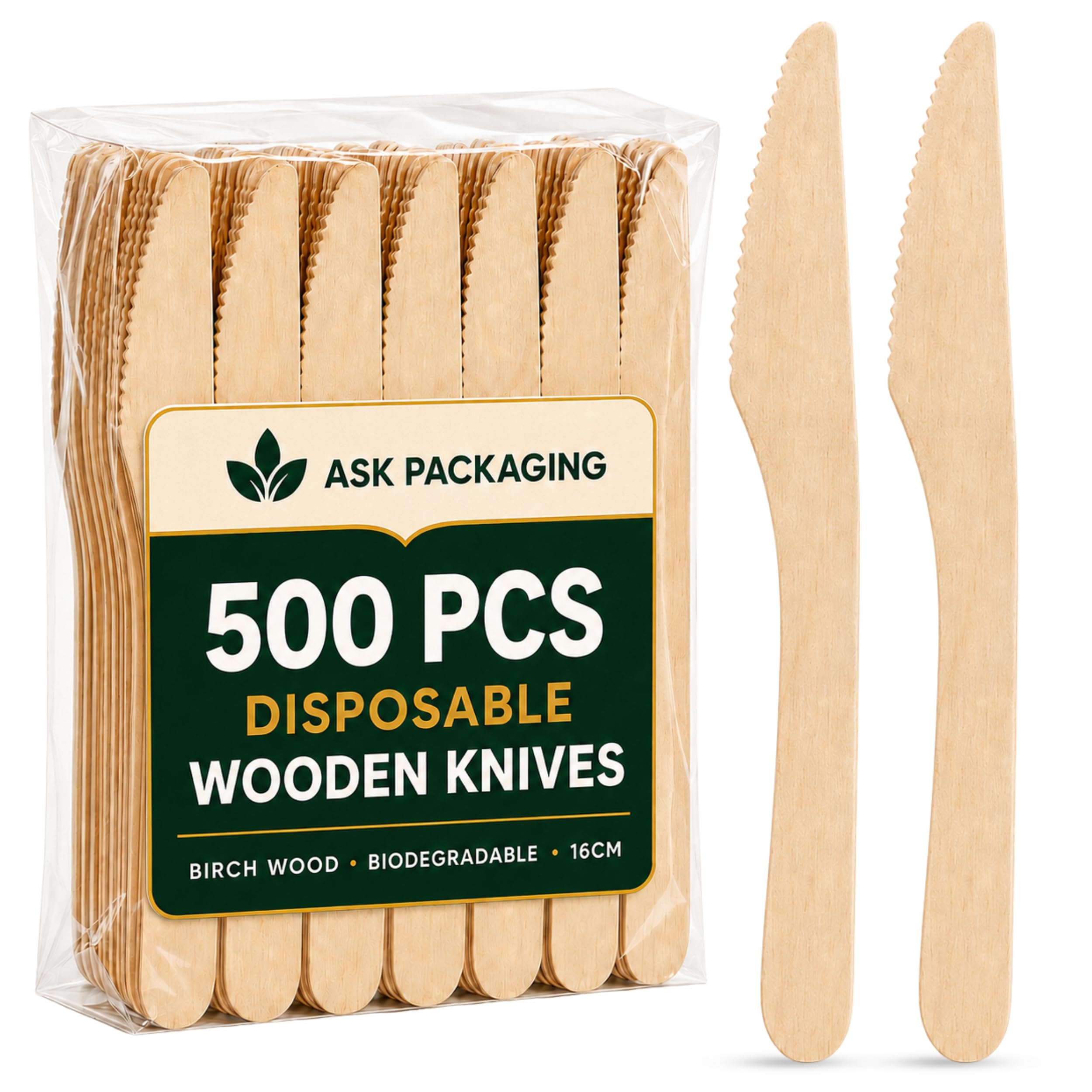 Ask Packaging 500 x Disposable Wooden Knives 16cm Bulk Pack – Strong Serrated Birchwood, Compostable Disposable Cutlery | Parties, Weddings, BBQs and Catering
