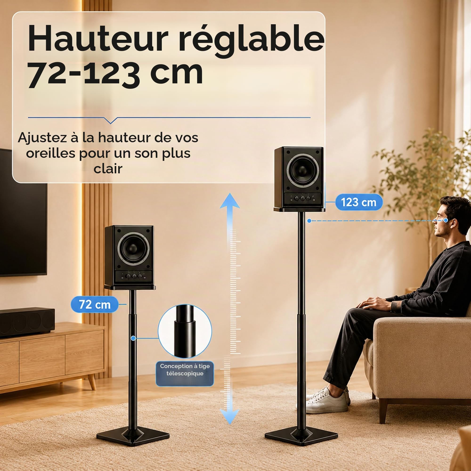Supports d'enceintes, Lot de 2 Supports de Sol universels pour Enceintes Surround, Hauteur réglable de 72 à 120 cm, capacité de Charge de 25 kg chacun, système de Rangement des câbles, antidérapants
