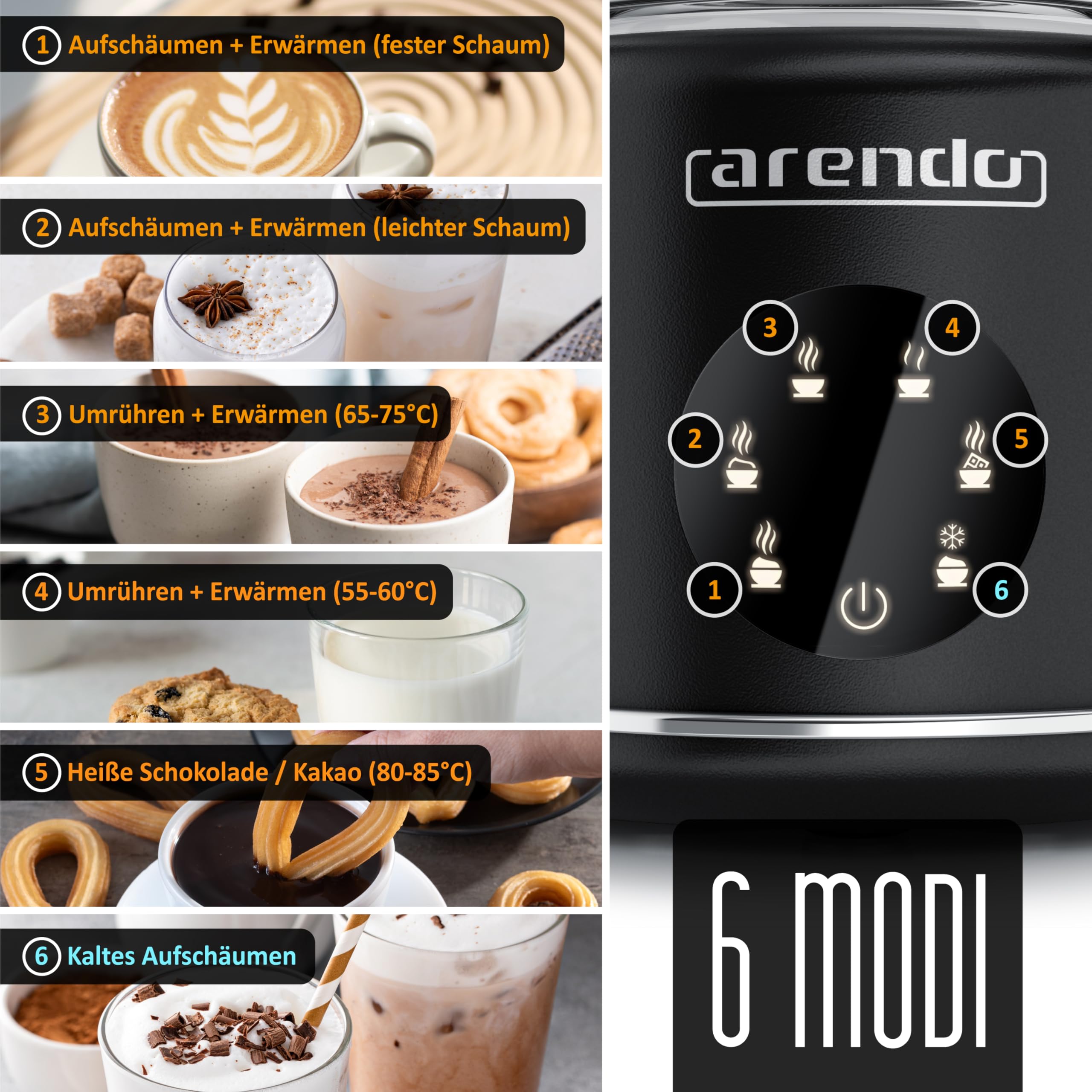 Arendo – Milchaufschäumer elektrisch – 500 ml – 6 Automatikprogramme – Milchschaum für heiß und kalt – 2 Einsätze – Milchschäumer für Cappuccino Latte Macchiato heiße Schokolade