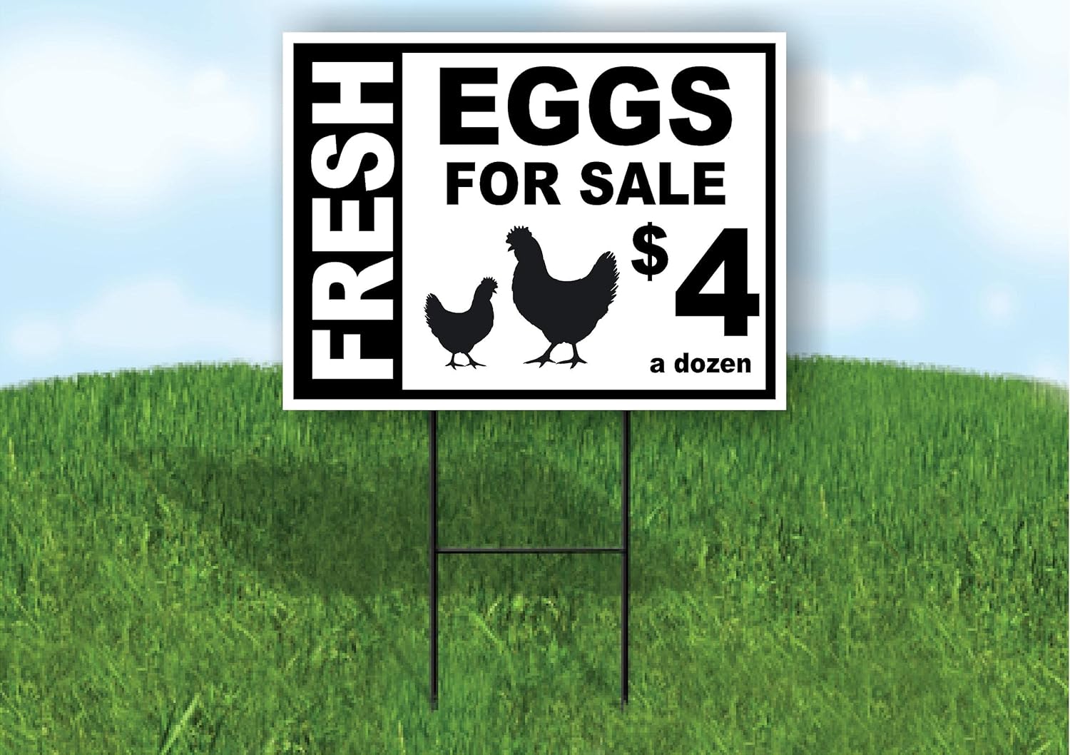FRESH EGGS FOR SALE 4 A DOZEN BLACK WHITE 18 in x 24 in Yard Sign Road Sign with Stand, Double Sided