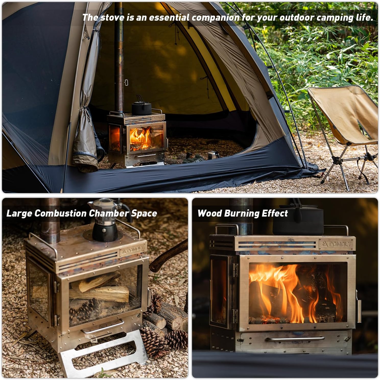 POMOLY Camping Tent Stove Wood Burning Stove, Dweller Max 3 Stainless Steel Wood Stove for Hiking, Cooking, Heating (with 3 Glasses)
