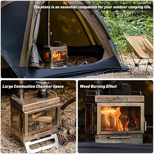 Miniatura 6 de POMOLY Estufa de leña para tienda de campaña, estufa de leña Dweller Max 3 de acero inoxidable para senderismo, cocina, calefacción (con 3 vasos)