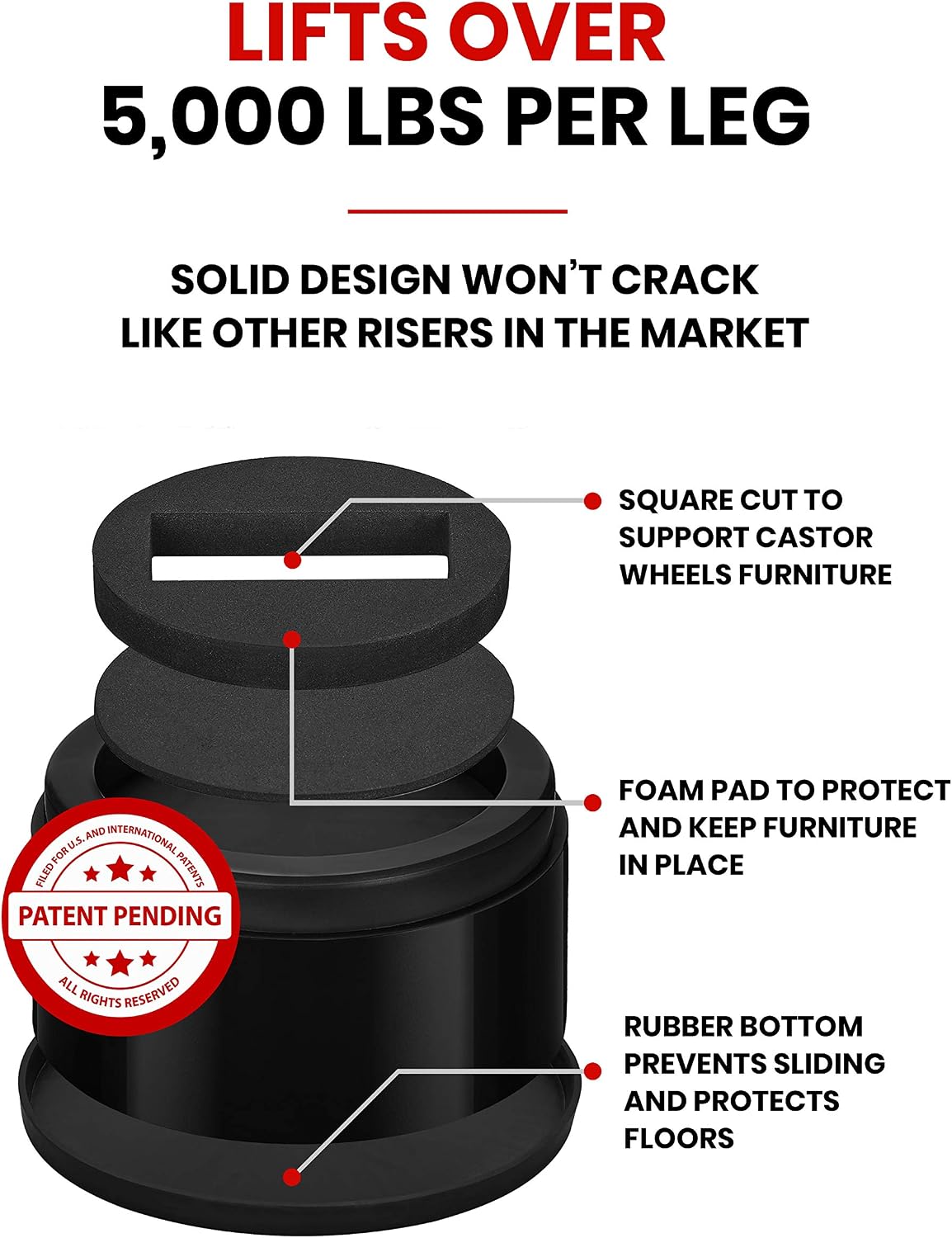 iPrimio Stackable Bed Risers, Fits Caster Wheels - Round, 2 Inch Lift, Heavy Duty 4 Pack, Up to 5000lbs - Raising Blocks, Furniture Risers - Safe, Sturdy Bed Lifts for Dorms, Couches, Tables, Desks