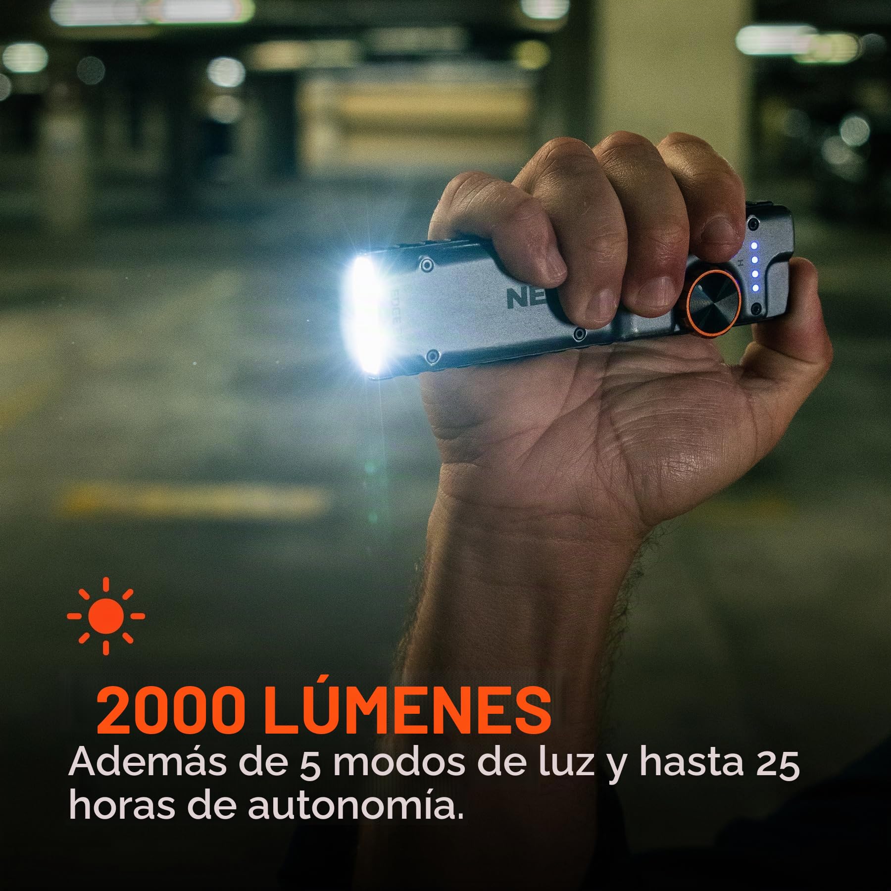 NEBO Edge 2K Linterna EDC Táctica – 2.000 Lúmenes | Dynamic Dial | Botón Trasero Ambidiestro | Estrobo Defensivo | 5 Modos | 25h | IPX6 | Tac-Grip | Clip Bolsillo | USB-C