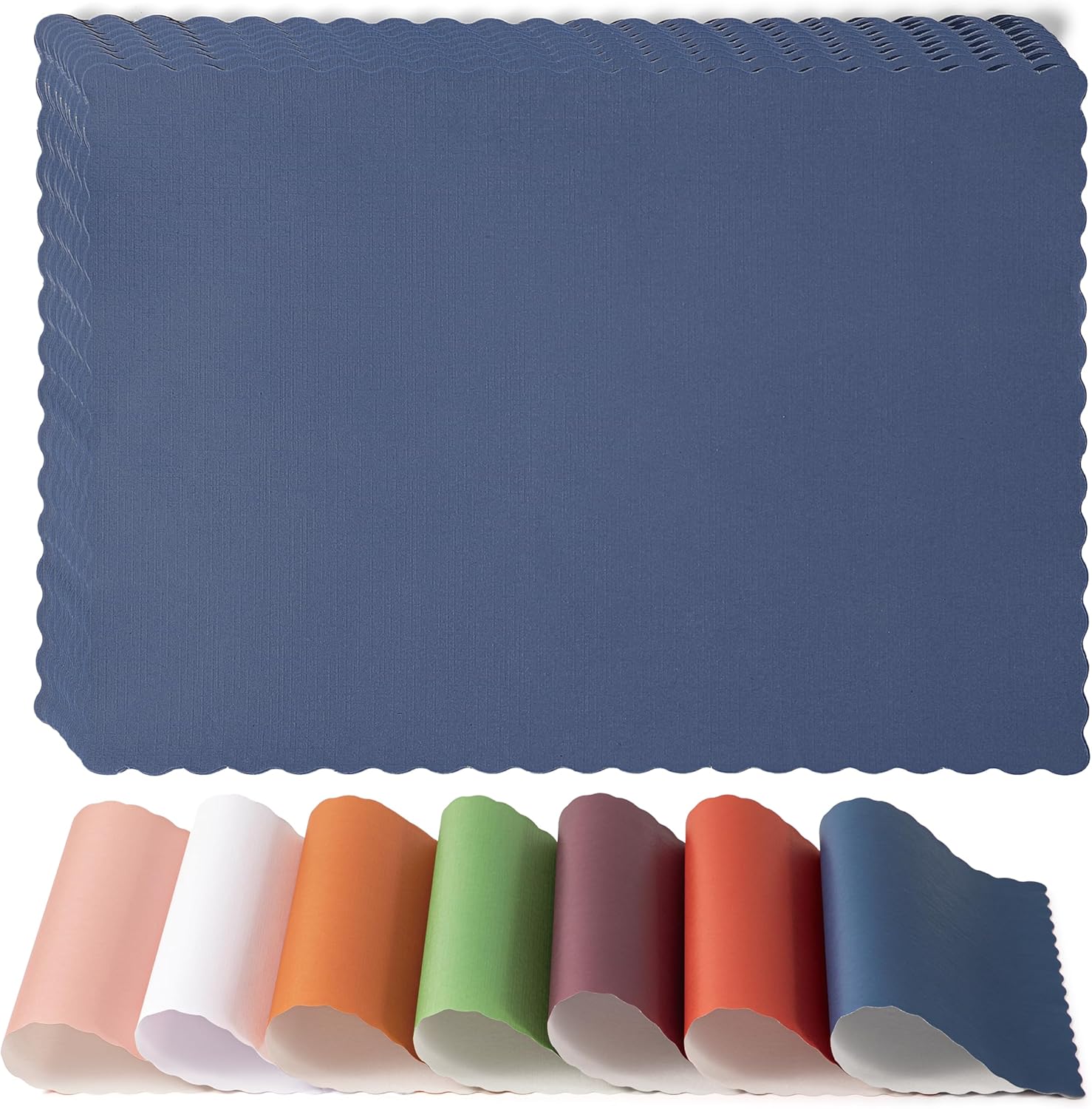 Fit Meal Prep 200 Pack Disposable Paper Placemats, 14 x 10 Inch Blue with Decorative Wavy Scalloped Edge for Restaurant Catering Dining Table, Baby Kids Birthday Parties