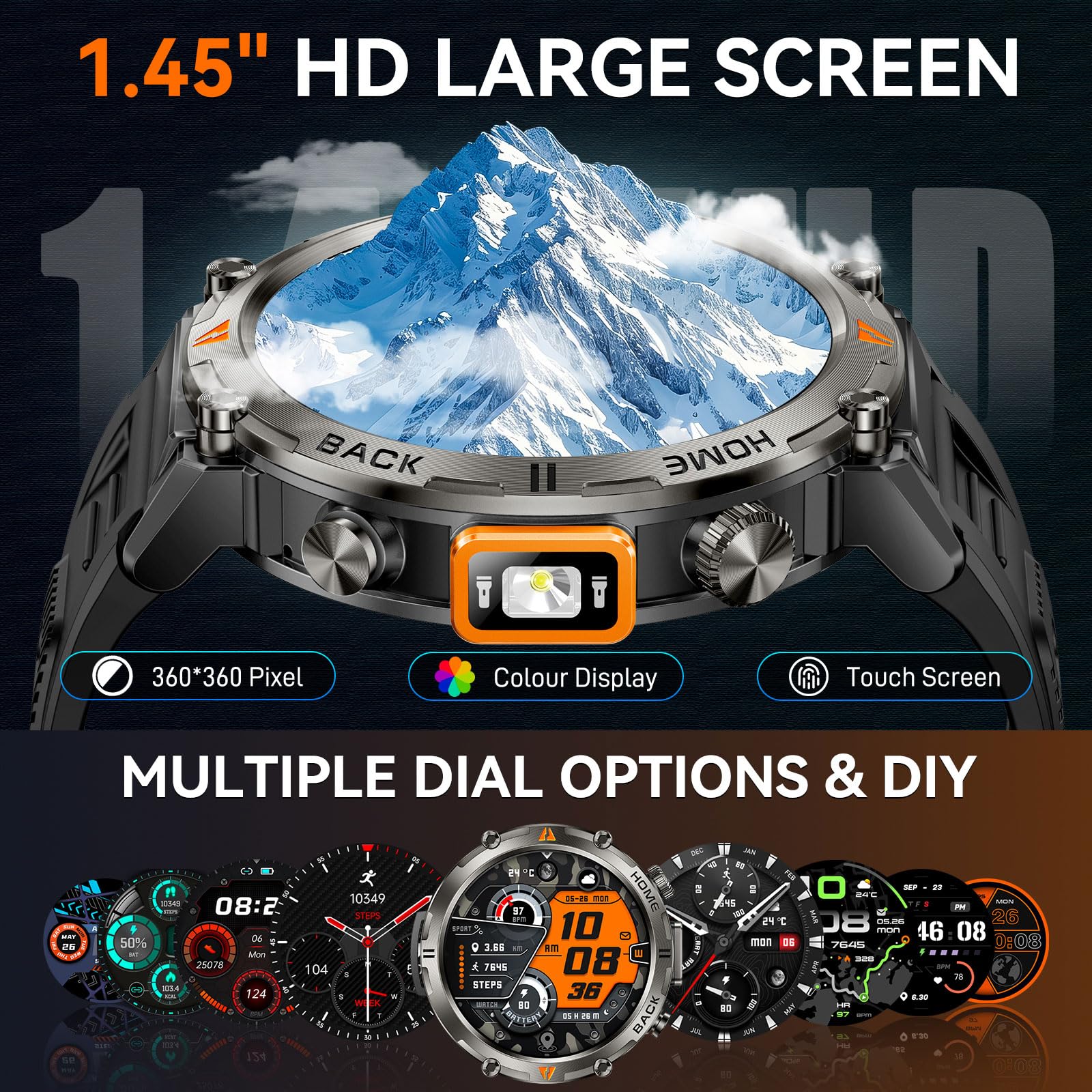 Foxhawk Smart Watch militare con localizzatore GPS, 1,44 pollici HD robusto Smart Watch con torcia a LED bussola, 3ATM impermeabile Smartwatch tattico per iOS Android, orologio fitness da uomo