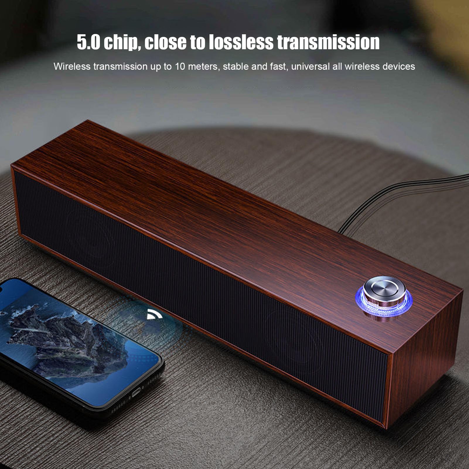 Diyeeni Haut-parleurs D'ordinateur en Bois pour Bureau, Mini Barre de Son avec Son Stéréo, Petits Haut-parleurs PC Alimentés par USB, avec Bouton de Volume, Prise et Port AUX 3,5 Mm,