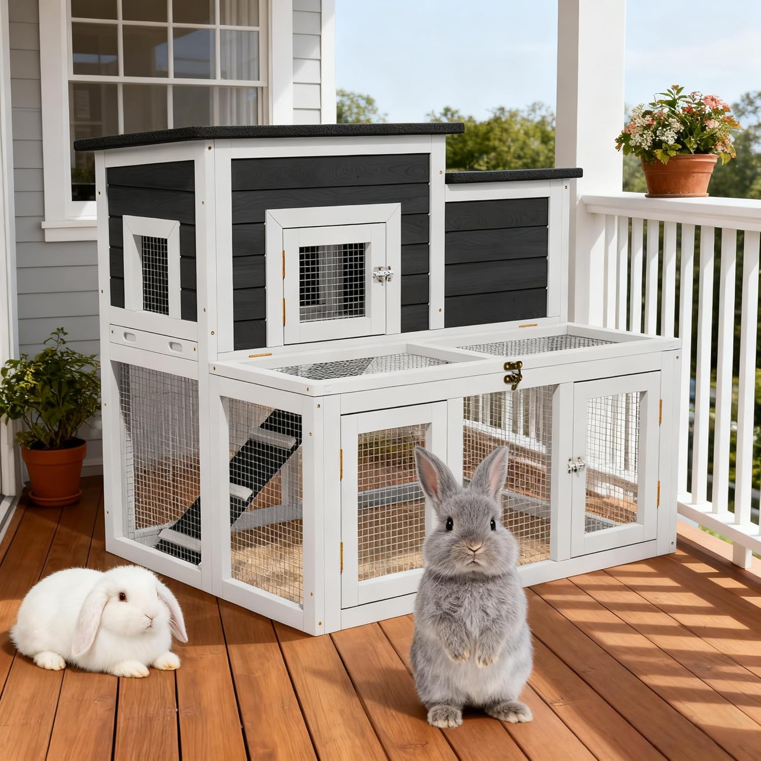Outdoor Rabbit Hutch, Bunny Cage, Chicken Run Coop Wooden Quail Cage Duck Coop with Ventilating Wire Poultry House for Small Animals (Gray+Black)