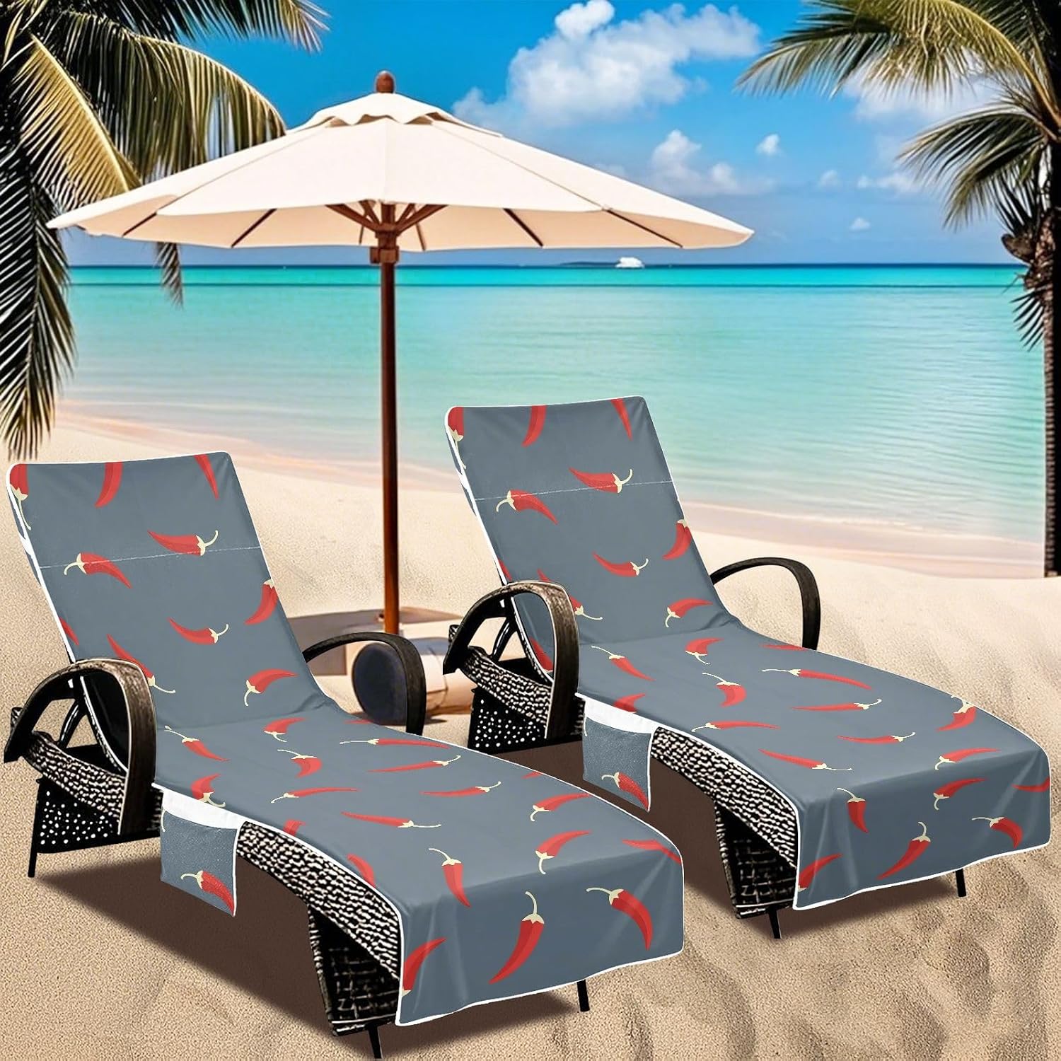 Red Peppers Lounge Chair Towel Cover with Side Pockets – 85x30in Foldable Chaise Cover for Beach, Pool, Patio, Spa