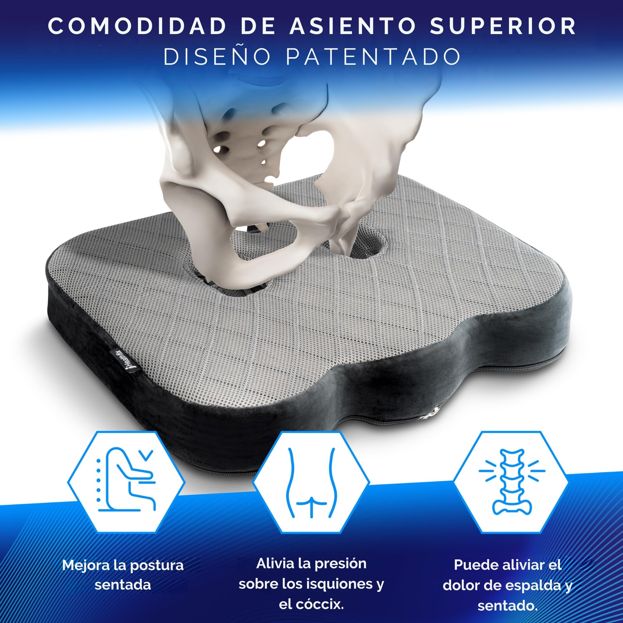 Healthfix® Cojín Ortopédico de Espuma Viscoelástica para Coxis y Ciática – Almohada Ergonómica para Silla de Oficina, Coche o Escritorio – Funda Lavable y Base Antideslizante