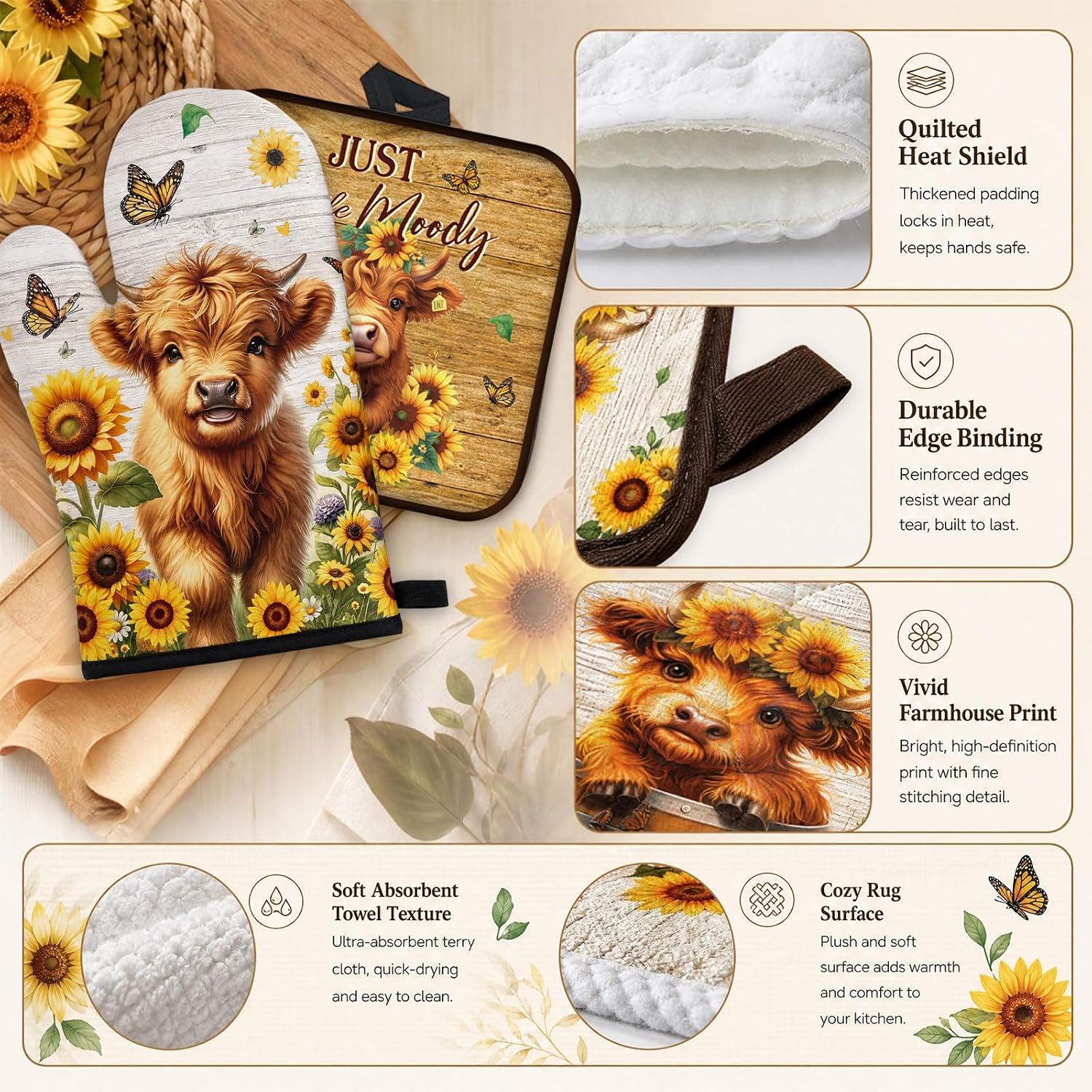 Highland Cow Kitchen Decor Set, 10 Pcs Highland Cattle Sunflower Farmhouse Kitchen Rugs, Dish Towels, Pot Holders & Oven Mitts, Heat Resistant Cooking Baking Accessories for Home Gifts