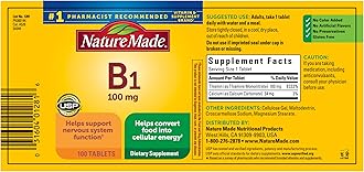 Nature Made Vitamin B1 100 mg, Dietary Supplement for Energy Metabolism Support, 100 Tablets, 100 Day Supply