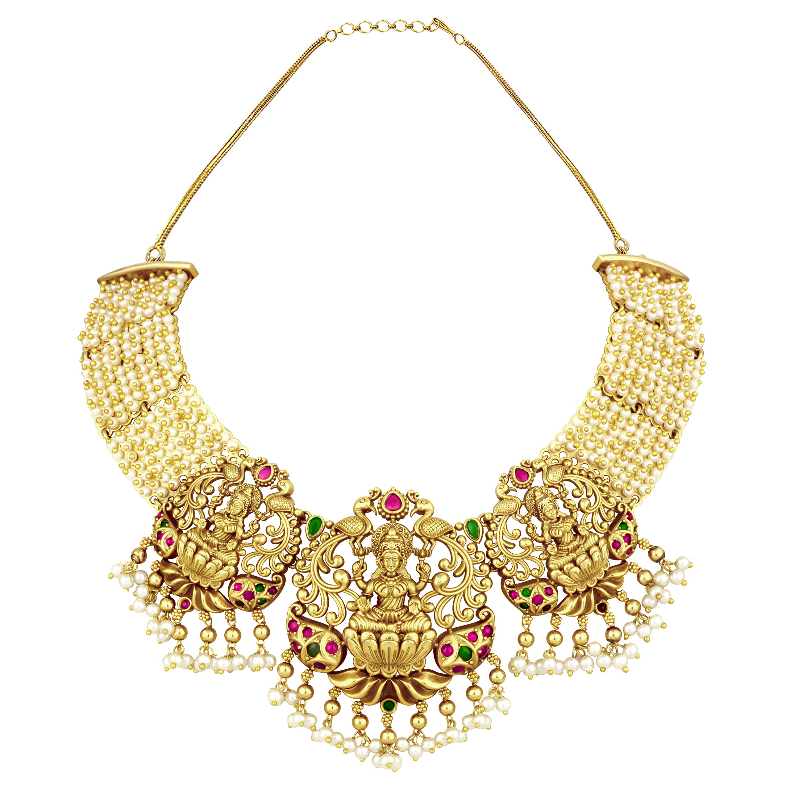 Brass Pearl Necklace Earring Temple Jewellery Set