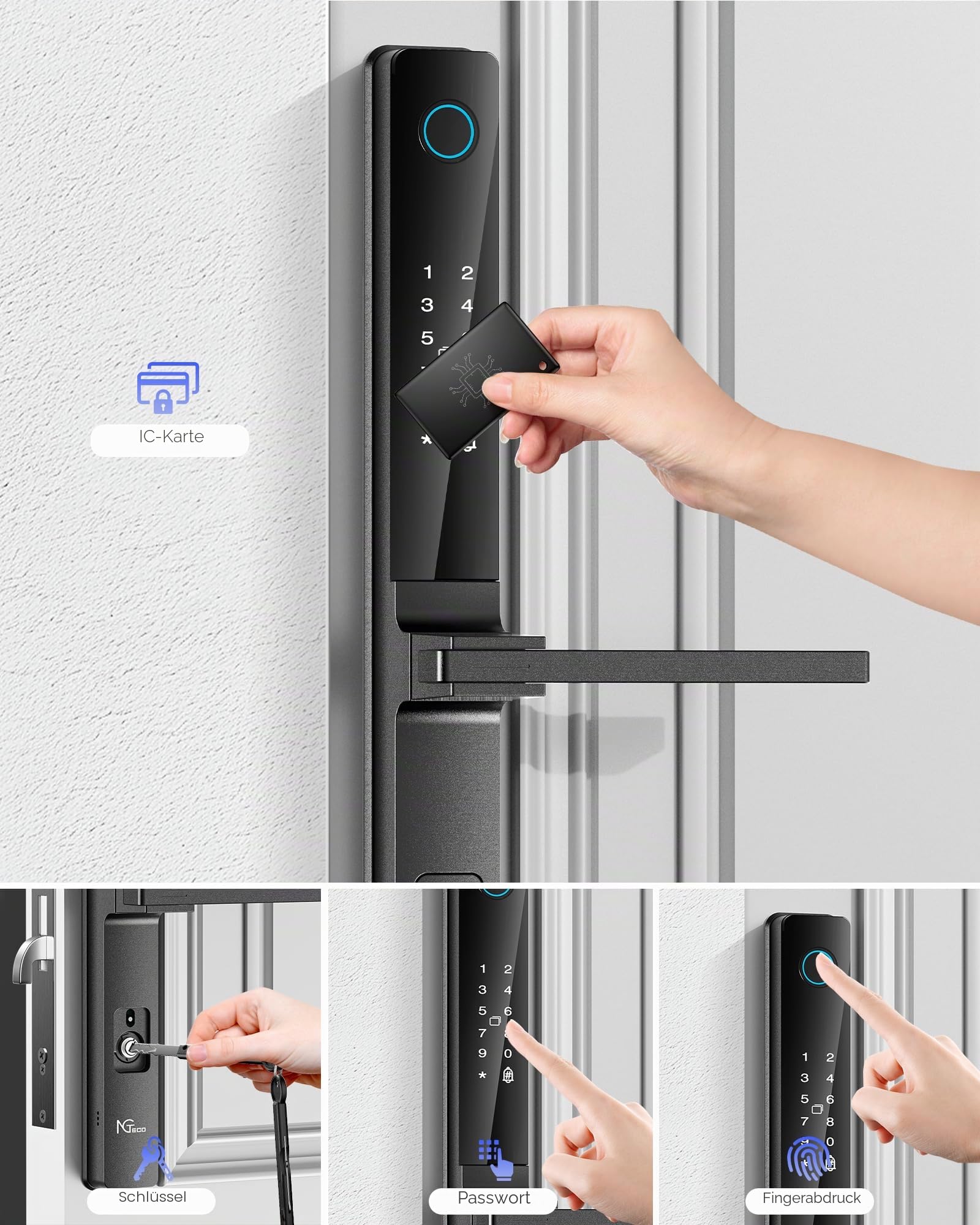 NGTeco Smart Türschloss mit Griff – Fingerprint, Code, Karte, Schlüssel & WiFi – App-Steuerung, einfache Montage für schmale Türen