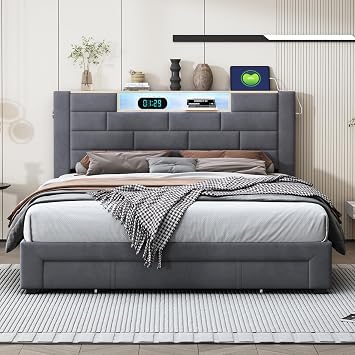 Double Bed Frame with 3 Storage Drawers,5ft Upholstered Bed with LED and USB,King Size Bed for Adults & Teenagers,150 * 200,Grey, Velvet