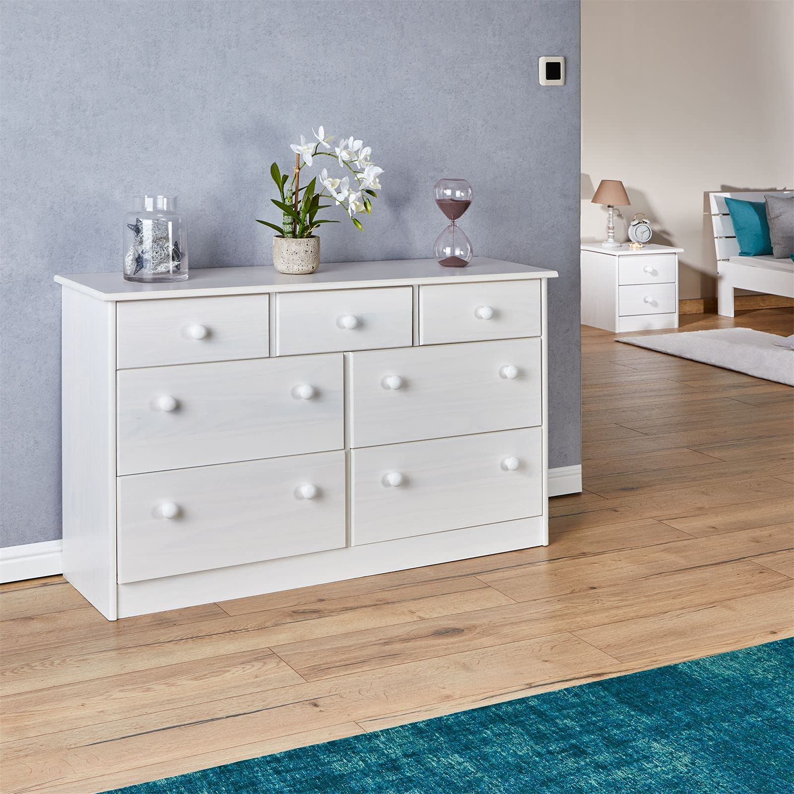IDIMEX Commode Rondo bahut Buffet Meuble de Rangement avec 3 Petits et 4 Grands tiroirs, en pin Massif lasuré Blanc