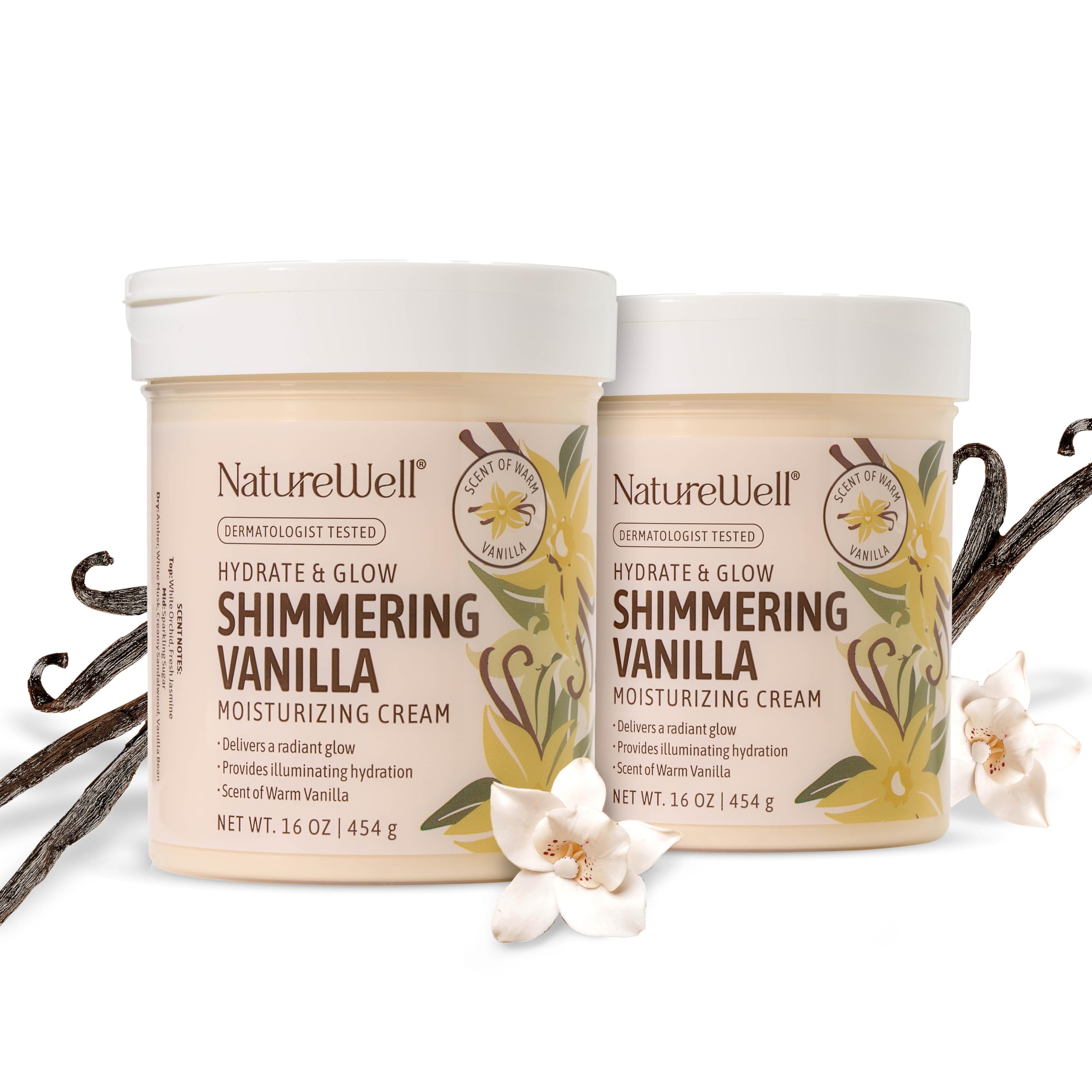 NATURE WELL Shimmering Vanilla Hydrate & Glow Moisturizing Cream For Face & Body, Intensely Nourishing & Softening, Delivers A Sparkling Radiance & Illuminating Hydration, Pack of 2 (16 Oz Each) Vanilla 16 Ounce (Pack of 2)
