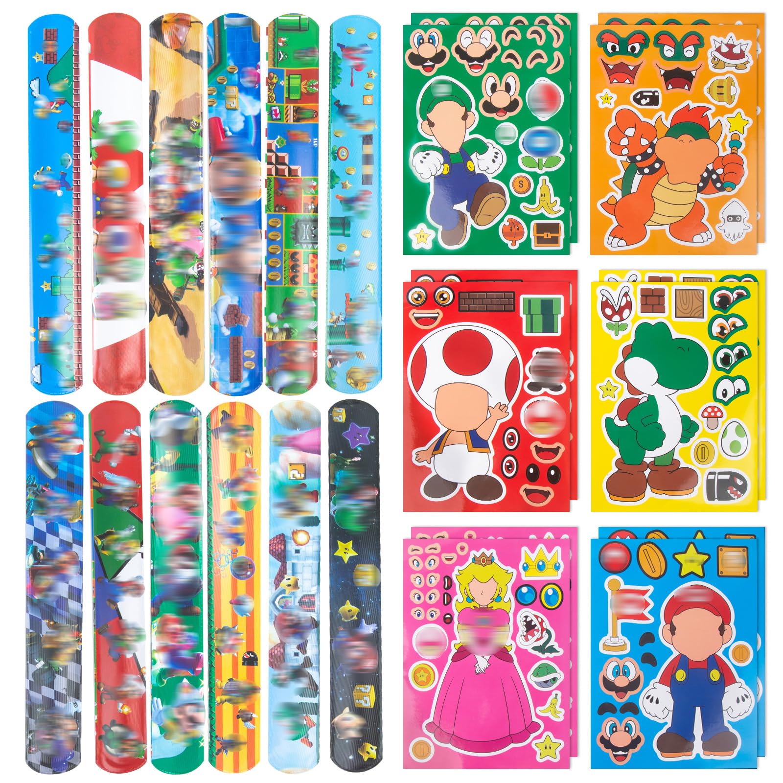 Ainvliya 24pcs Mari Party bag Fillers, 12 Sheets DIY Stickers, 12pcs Slap Bands, Party Bags with Make a Face Art Craft Stickers Party Supplies