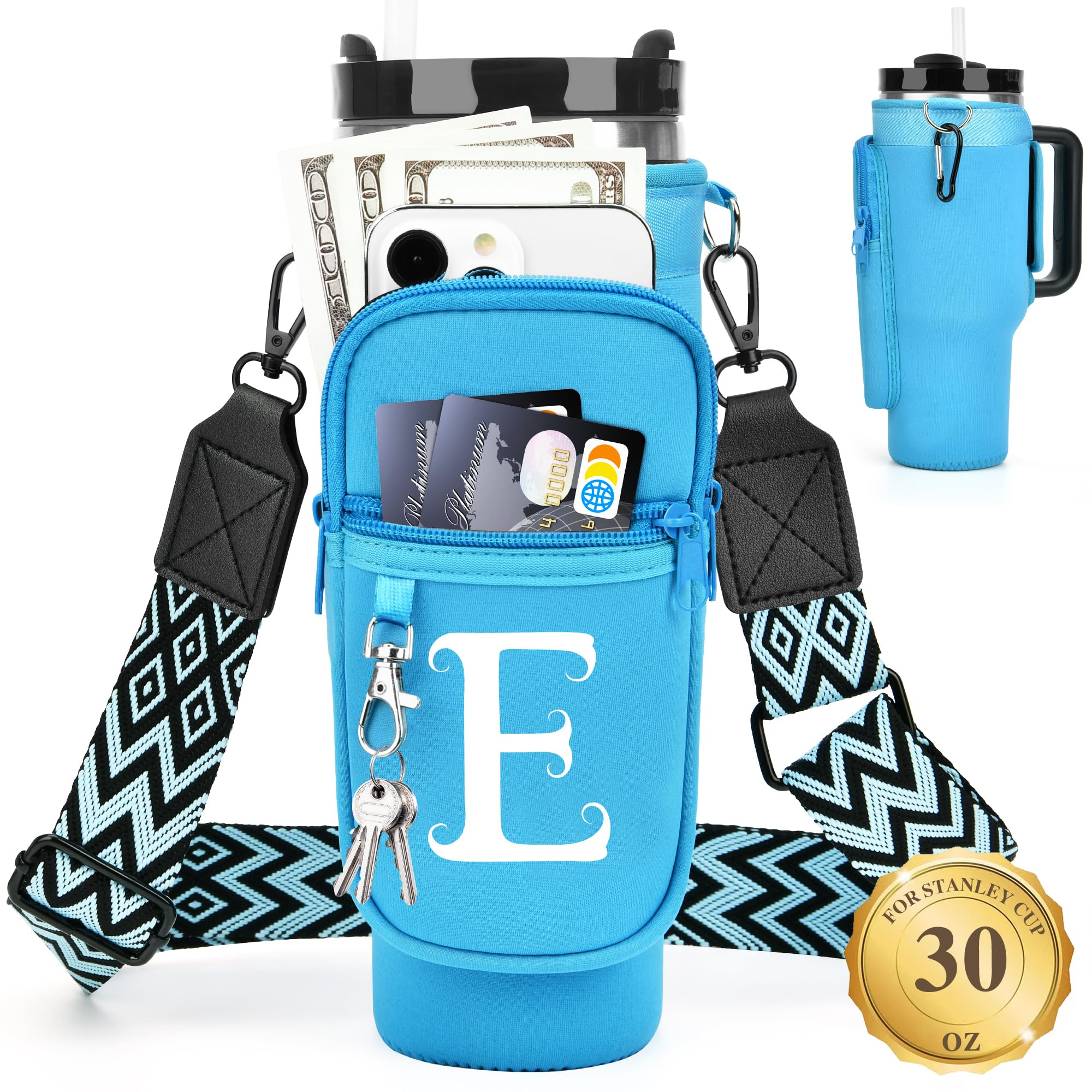 LOKASS Water Bottle Holder with Strap for Stanley Cup 30 oz Tumbler, Personalized Initial Stanley Cup Accessories 30oz, Stanley Cup Carrier Bag for