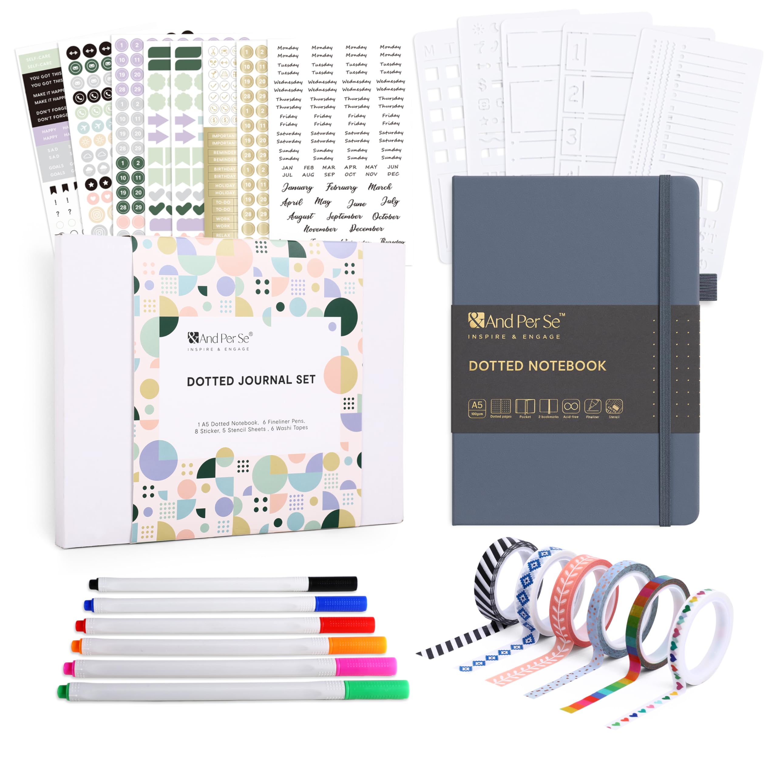 &And Per Se Dotted Journal Notebook Set, A5 Hardcover Dotted Journal (Dark Blue), 6 Fineliner Pens, 8 Sticker, 5 Stencil Sheets & 6 Washi Tapes, Journaling Supplies for Planner Schedule — image 1