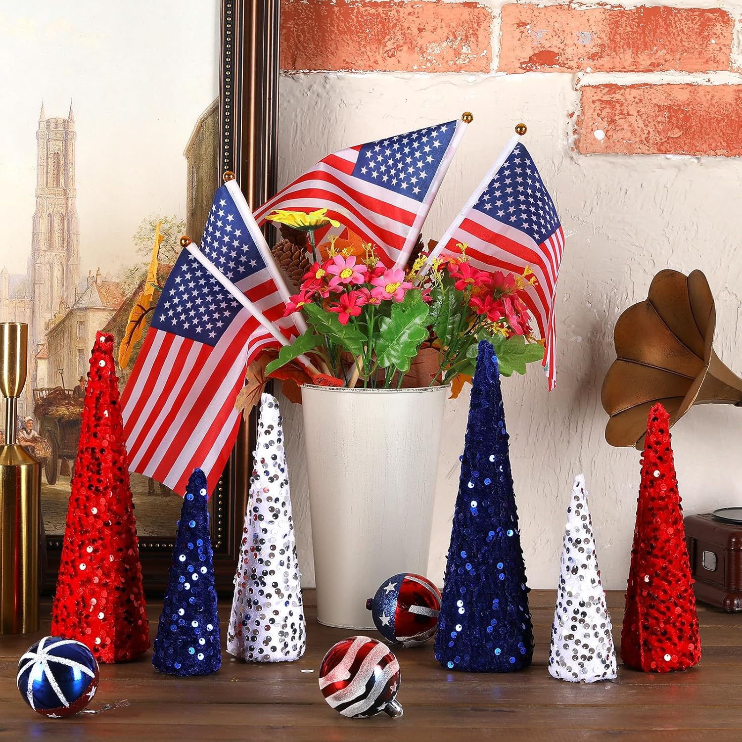 6 Pcs 4th of July Cone Trees Red White Blue Glitter Table Tree Decor Independence Day Cone Ornaments Patriotic Table Centerpiece for Memorial Day Party Veterans Home Shelf Kitchen