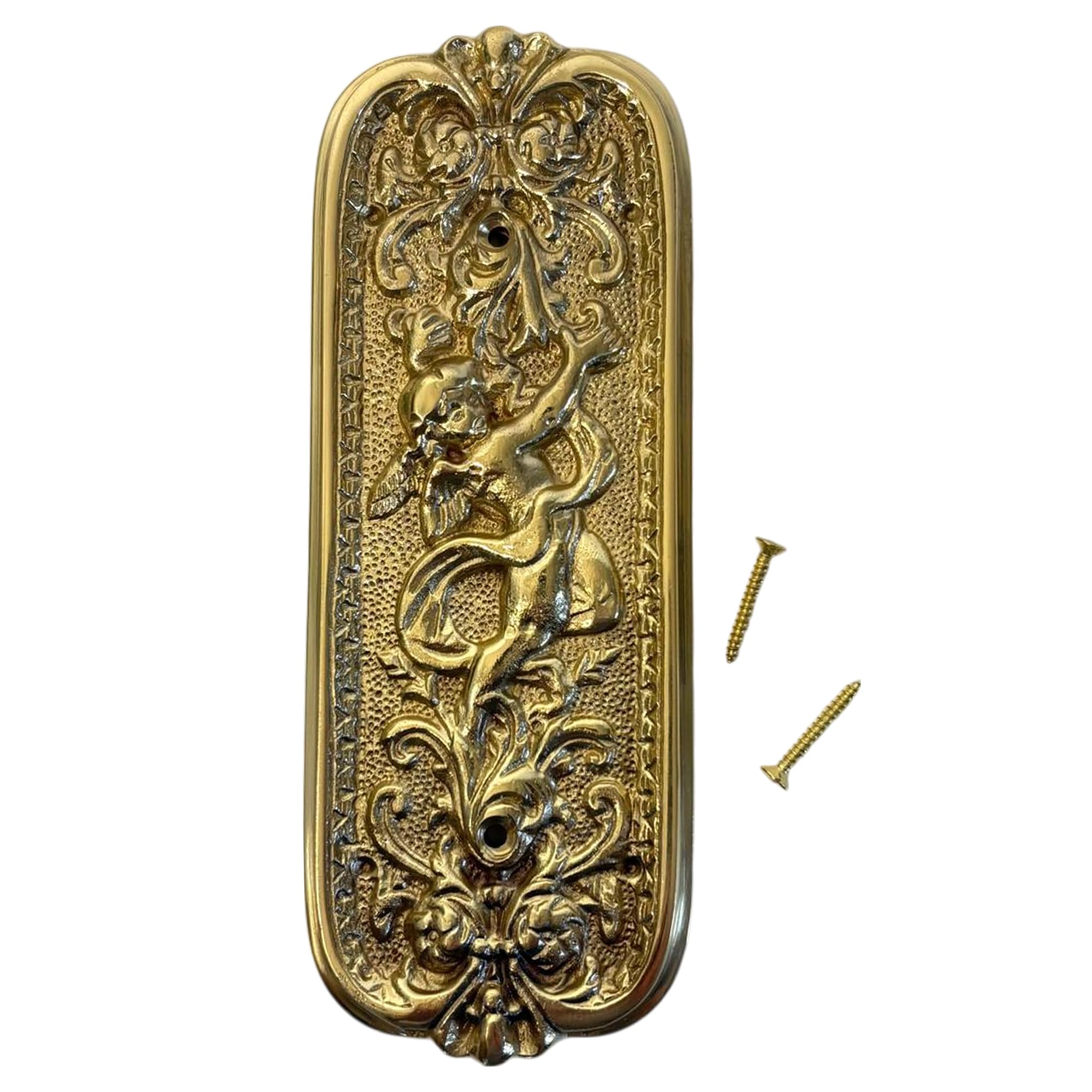 Thorness Solid Brass Antique Rustic Polished Brass Door Push Plate With Ornate Cherub Design - Vintage Finger Plate Decor