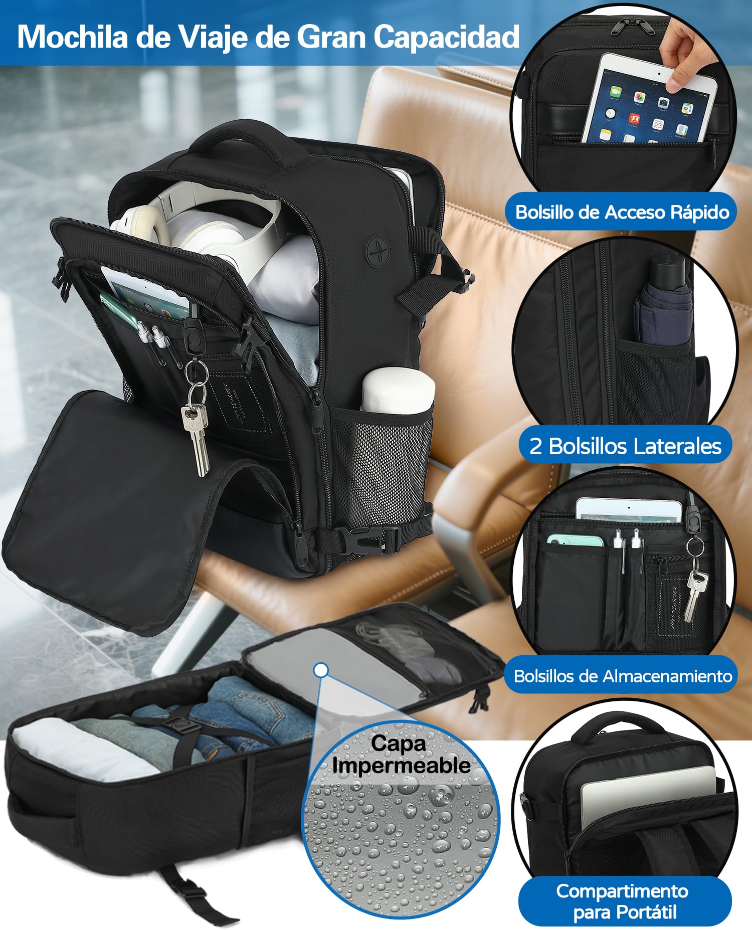 KLOSTAIN Mochila Viaje Cabina Avion 40x20x25 para Ryanair 20L Mochila Cabina Equipaje de Mano Bolso Viaje Hombre Mujer Mochilas para Portatil de 14 Pulgadas Mochila de Trabajo Escuela Negro