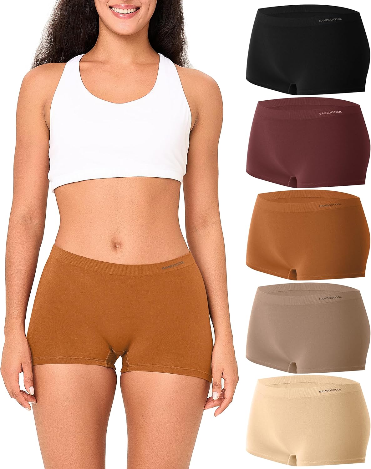 BAMBOO COOL Seamless Boyshort Underwear for Women Mid Waist Stretchy Panties Moisture Wicking Boxer Briefs 5 Pack