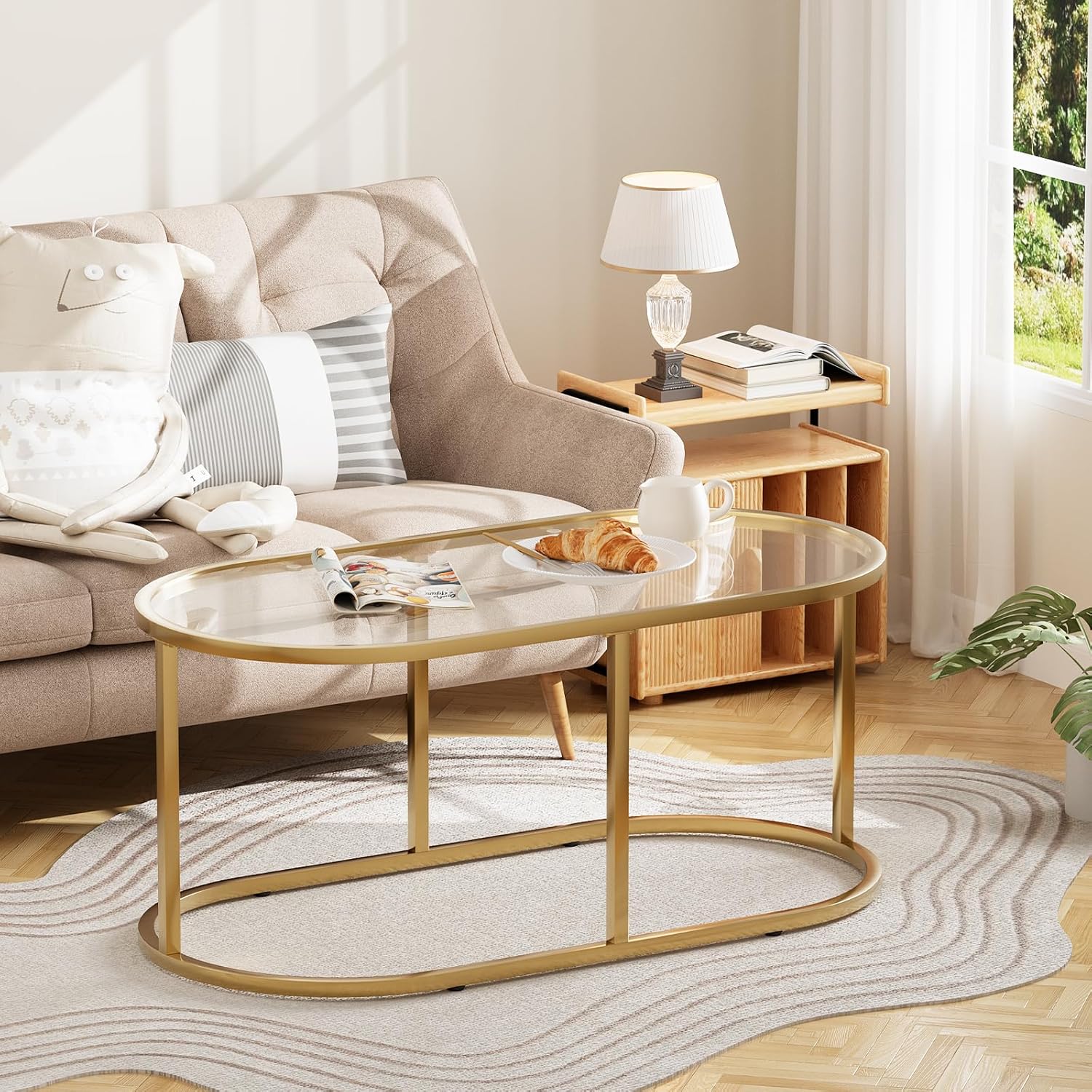 coffee table gold glass coffee tables for living room, oval table center table with sturdy metal frame,modern tempered glass accent tables for bedroom home office