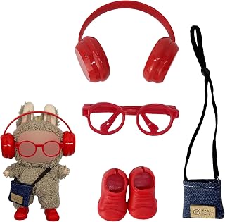 4pcs Doll Accessories Set for 17cm LaBuB Included Mini Shoes and Glasses, Mini Headphones and Bag, Cute Stylish Dress Up Doll Clothes Accessories Mini Costume Supplies (Red)